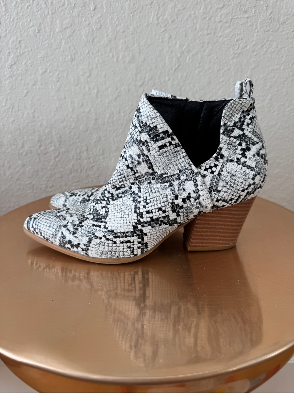 White & Black Snake-Print Ankle Booties - Women's